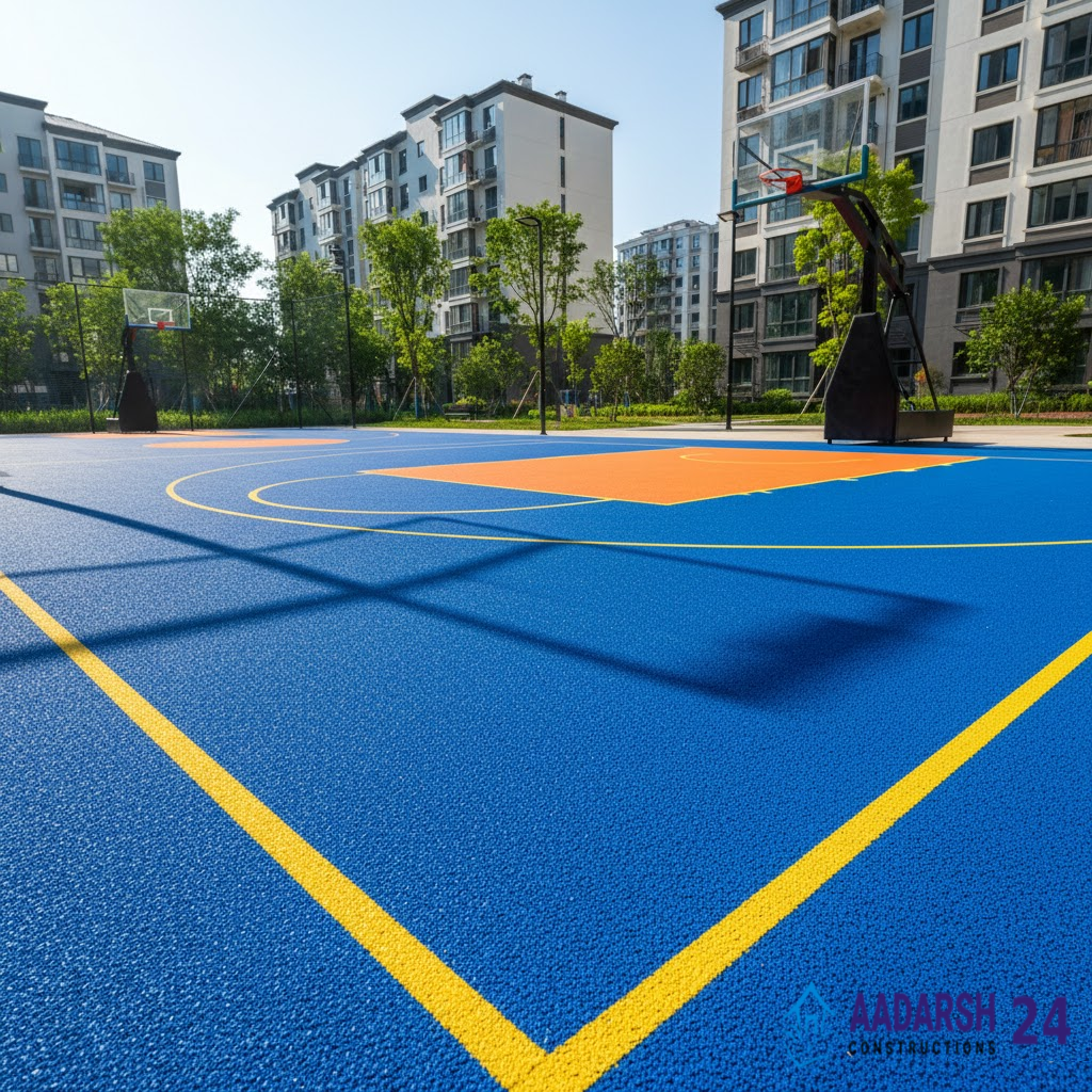Maple wood indoor basketball court installation in Delhi.