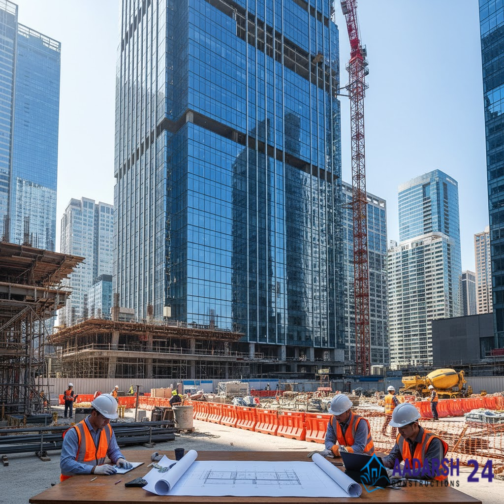 Commercial Construction Services in Noida for high-rise office building.