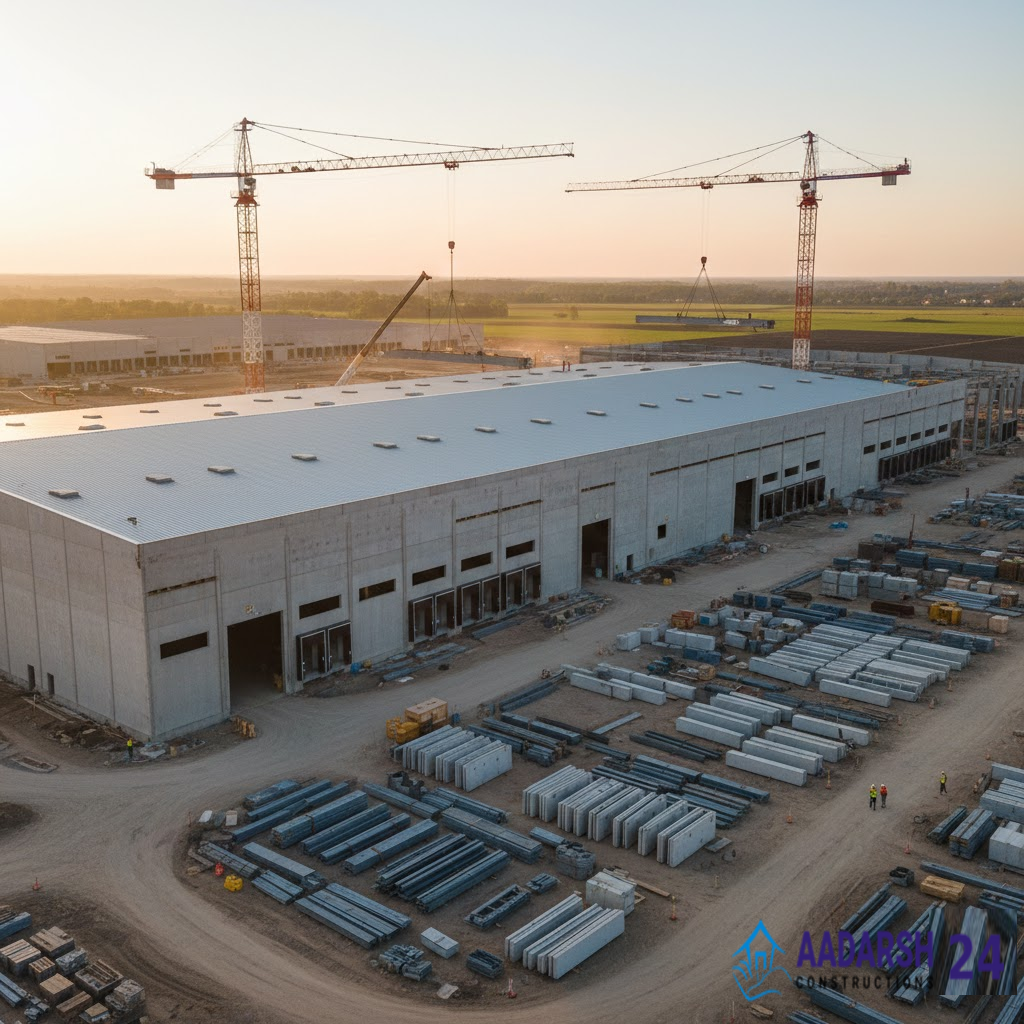Industrial warehouse and shed construction in Delhi by Aadarsh Constructions.