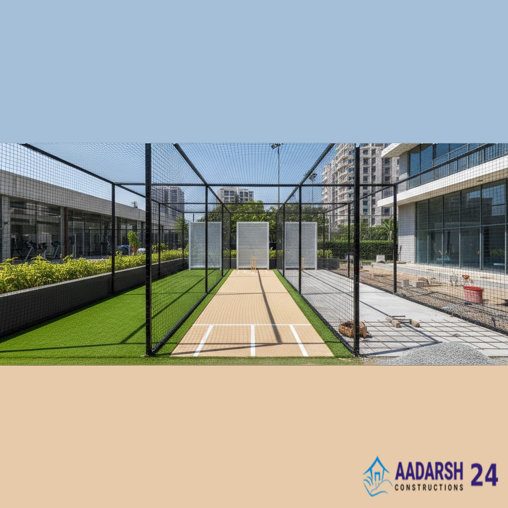 Sports complex cricket field construction in Greater Noida.
