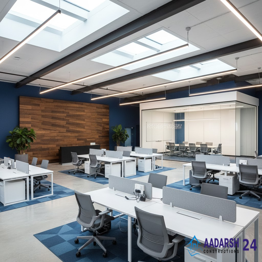 Modern office interior design and fit-out by Aadarsh Constructions in Delhi.