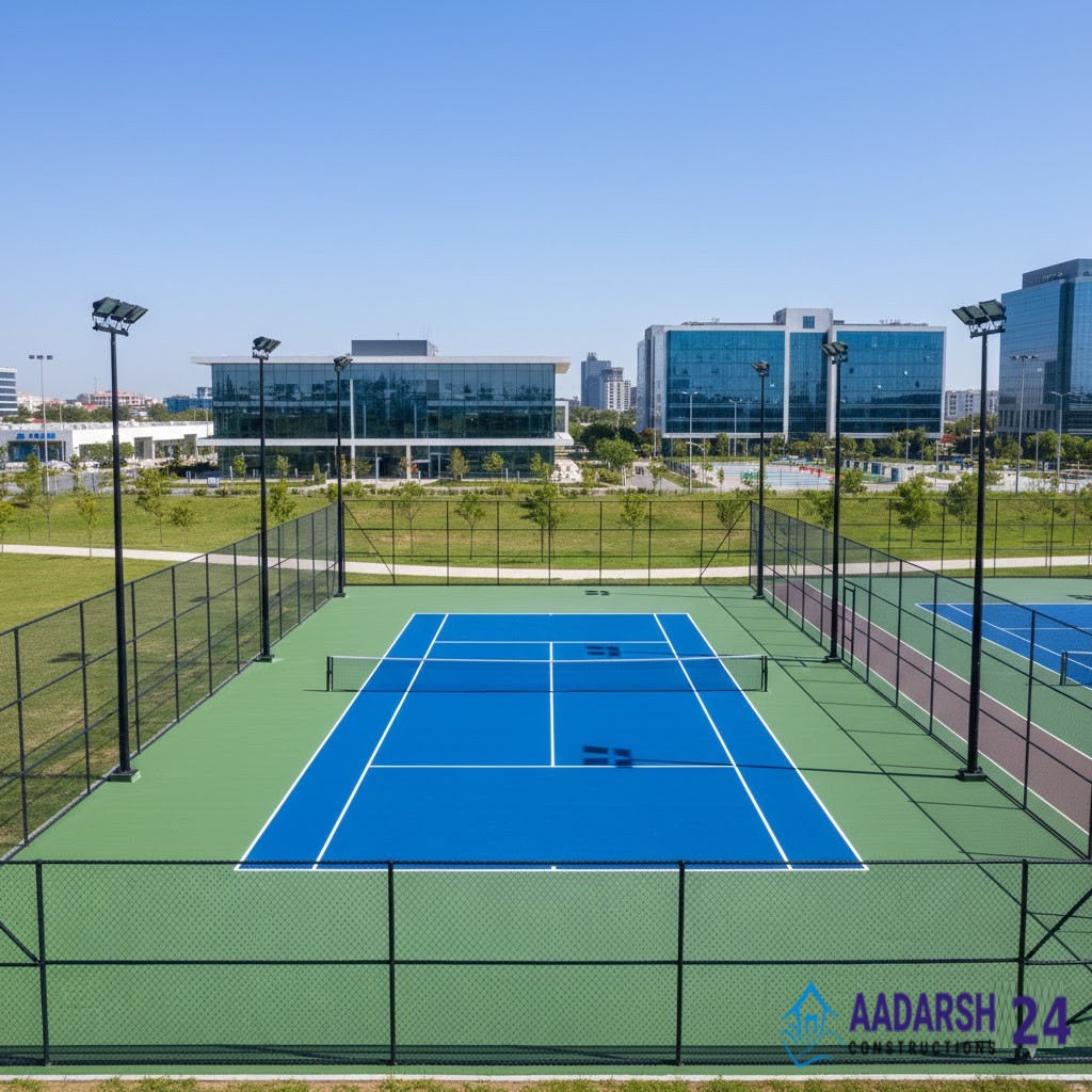 Lawn Tennis Court Manufacturer in Noida building blue acrylic court.