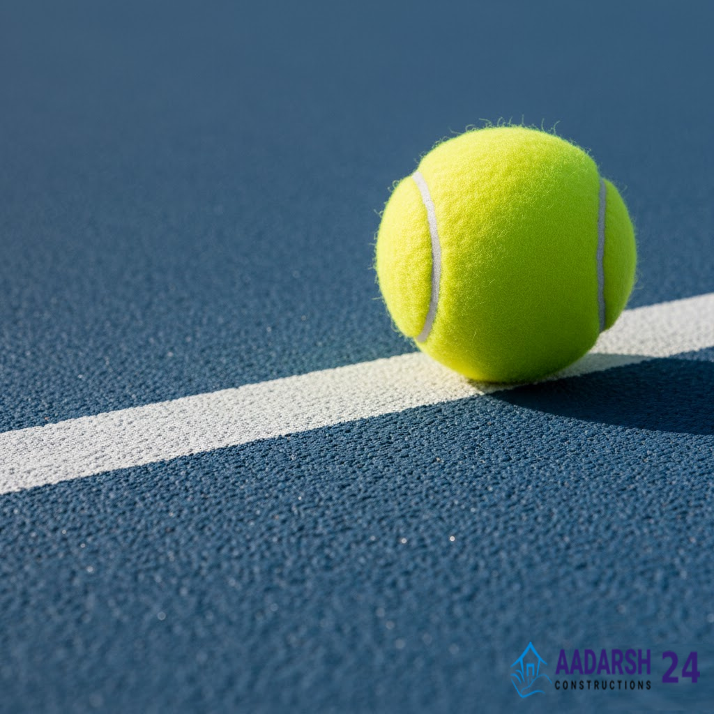 Outdoor synthetic tennis court construction in Delhi residential complex.