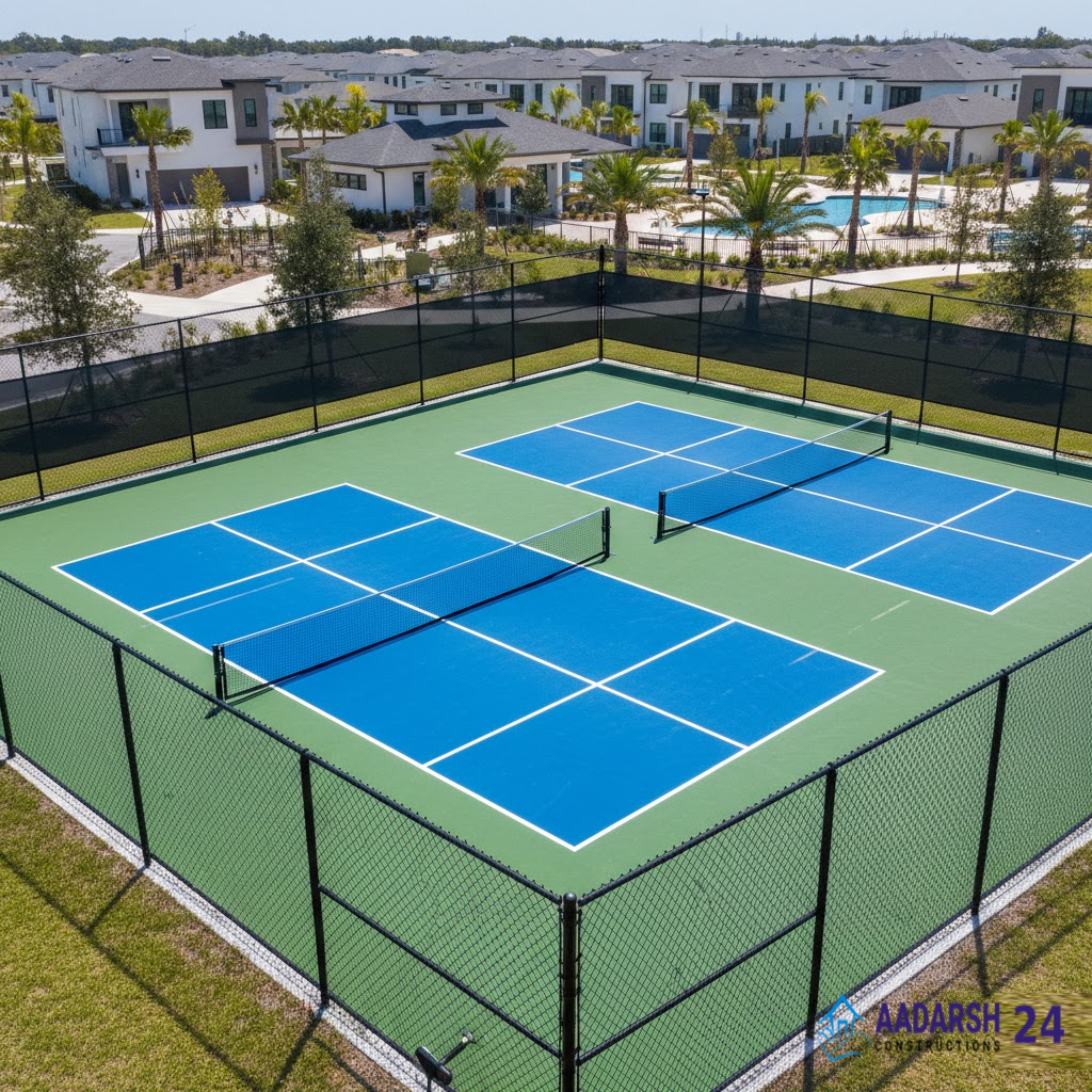 Pickleball Court Manufacturer in Noida laying blue outdoor court surface.