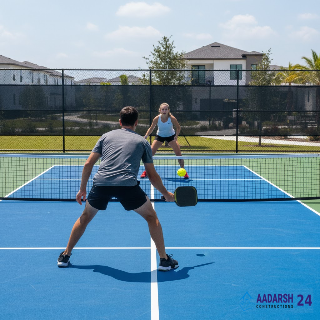 Synthetic pickleball court construction in Delhi residential society.