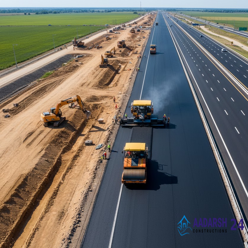 Road Construction Service in Noida showing highway paving work.