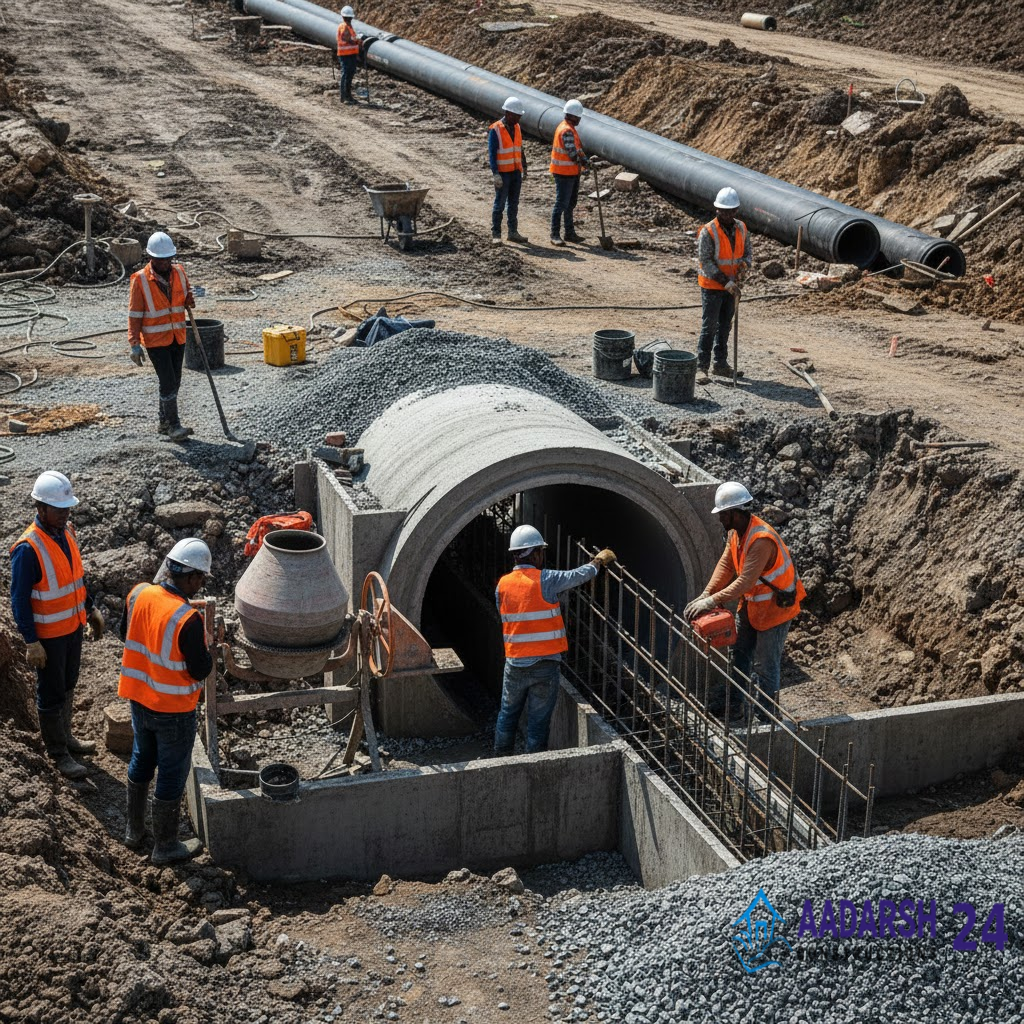 Excavation and drainage work by road contractors in Delhi.