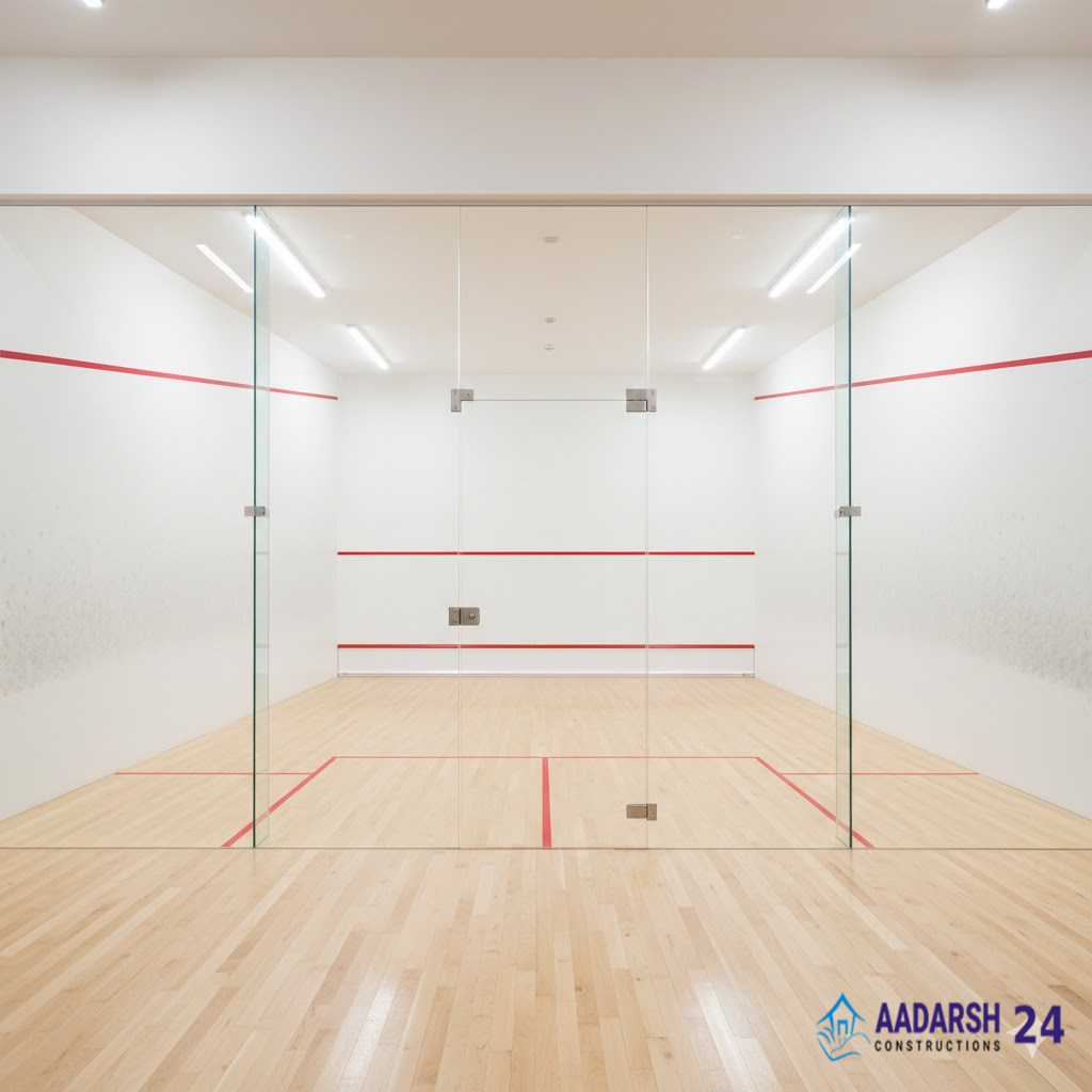 Squash Court Manufacturer in Noida building glass back wall court.