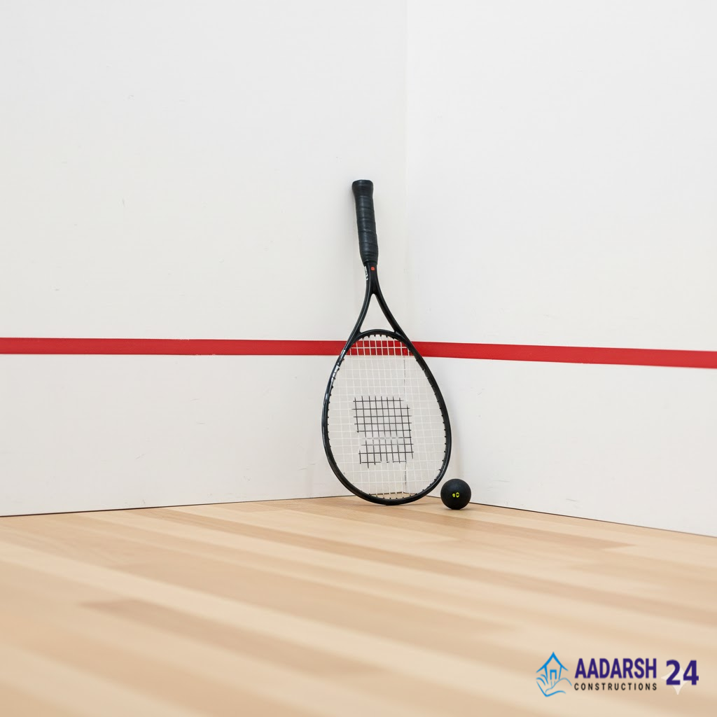 Professional indoor squash court construction in Delhi with maple wood flooring.